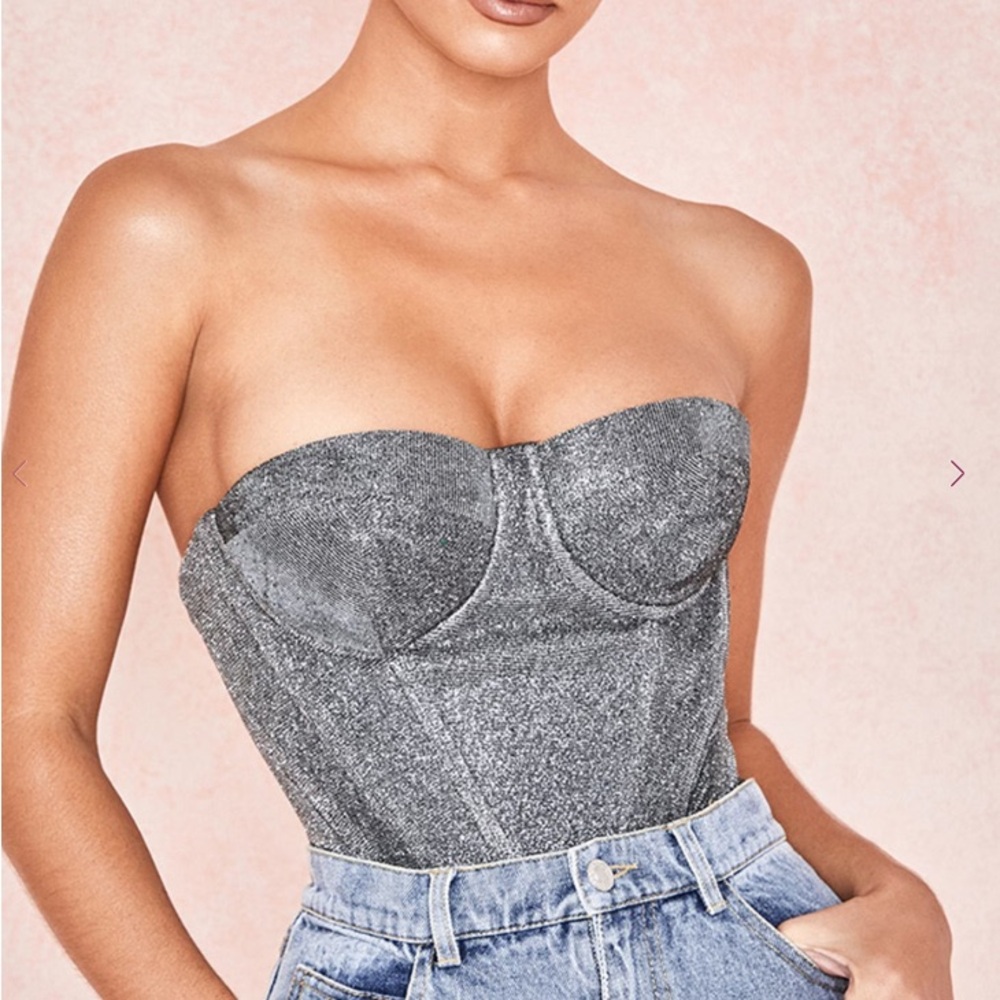House of CB Donatella Silver Sparkly Corset Bustier Size S